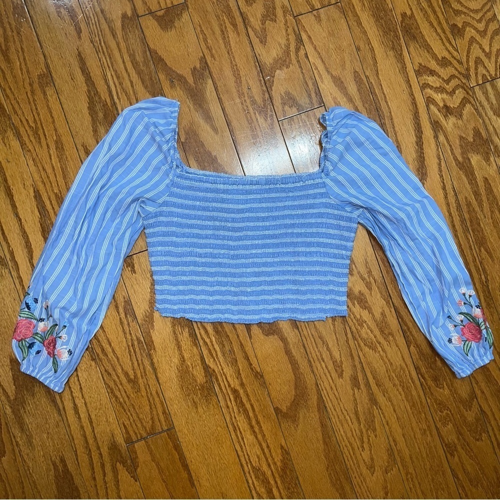 Xhilaration Striped Embroidered Smocked Square Neck Puff Sleeve Crop Top Shirt - Picture 2 of 11